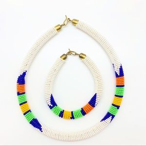 Beaded White, Blue & Orange Bracelet & Necklace